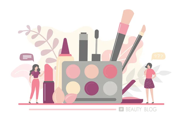 Huge Makeup Kit Women Talking Cosmetics Makeup Fashion Tiny People — Stock Vector