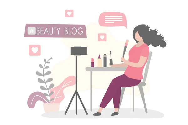 Femmina Bellezza Blogger Fare Recensione Cosmetici Registrazione Video Suo Blog — Vettoriale Stock