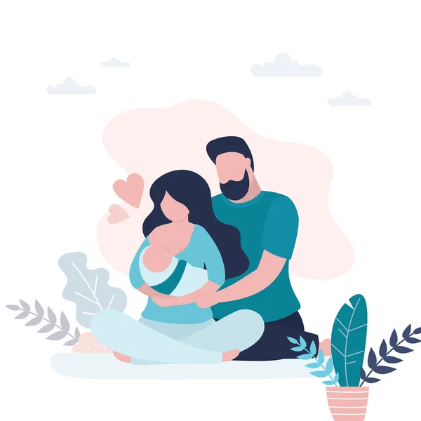 Love Couple Sitting Husband Hug Wife Woman Breastfeeding Newborn Baby — Stock Vector