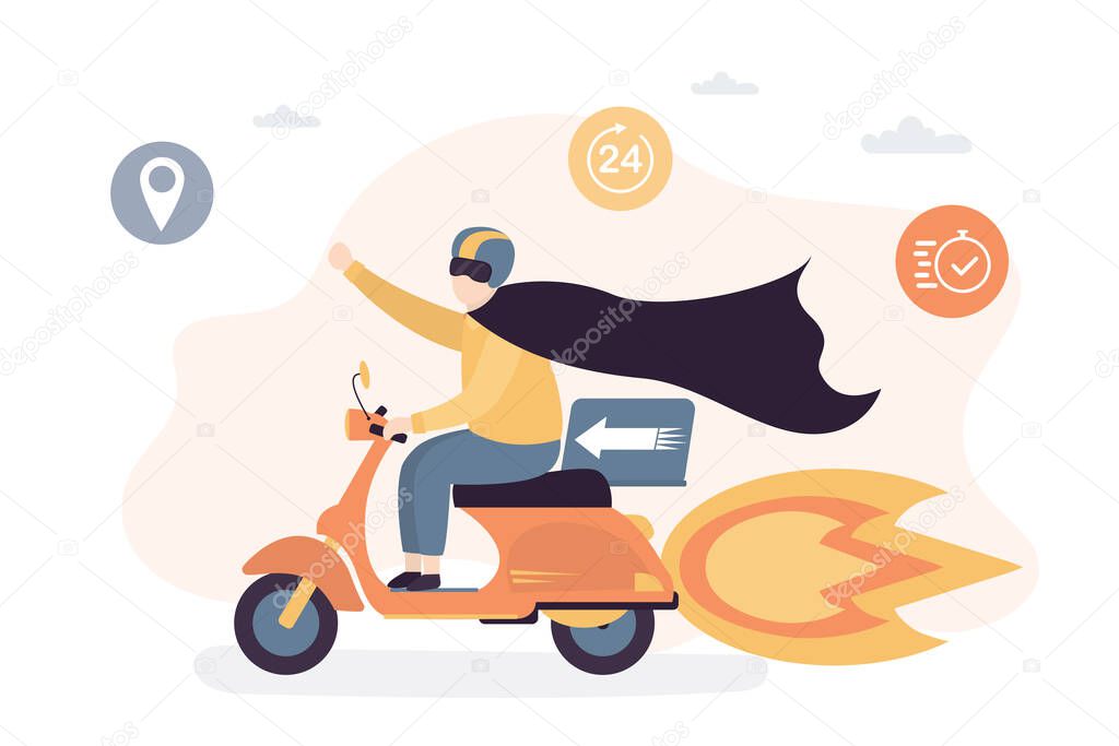 Funny delivery man ride motorbike. Man courier dressed as a superhero. Fast delivey concept background. Bike with flame. Trendy style vector illustration