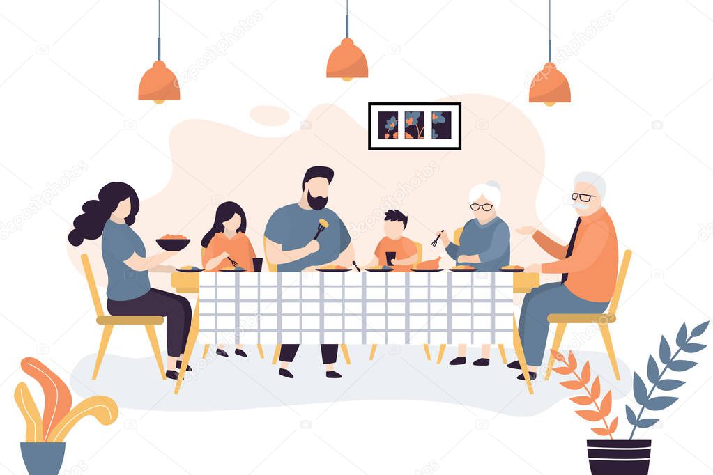The huge family is sitting at the table. People eat together. Family portrait banner. Grandparents, parents and two children. Dining room ot kitchen interior. Trendy style vector illustration
