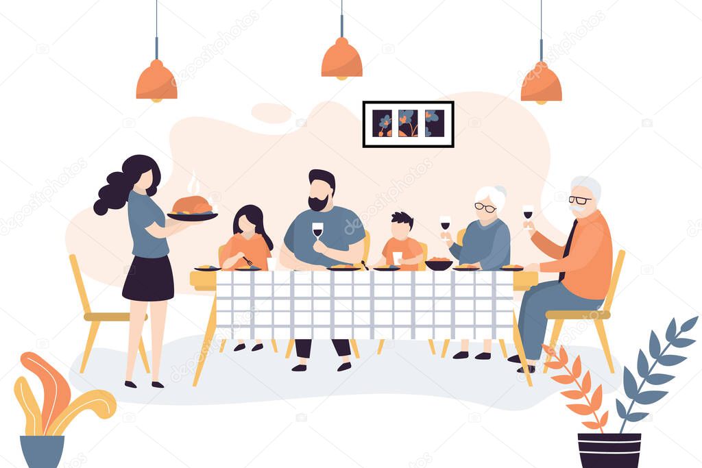 The huge family is sitting at the table. People eat together. Family portrait banner. Grandparents, parents and two children. Dining room ot kitchen interior. Trendy style vector illustration