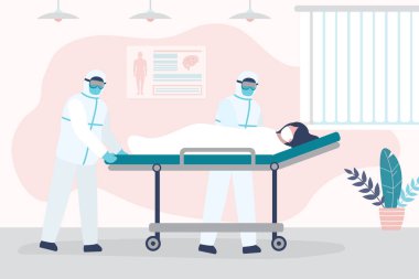 Koruyucu üniformalı doktorlar hasta bir kadınla sedye yuvarlıyorlar. Hastanedeki oda. Tıbbi personel ve enfeksiyon kapmış hasta. Sağlık hizmetleri ve yardım. Tıbbi karantina. Moda vektör illüstrasyonu