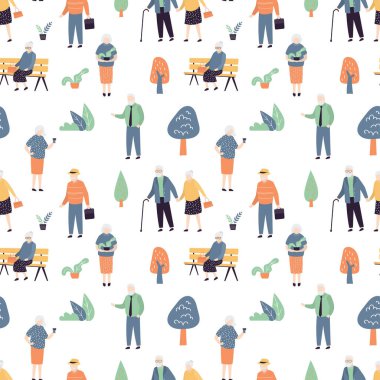 Havalı ve modaya uygun yaşlılarla kusursuz bir düzen. Beyaz arka planda çeşitli yaşlı insanlar. Komik karalama yapan büyükbabalar ve büyükanne karakterleri. Moda biçim vektör illüstrasyonu