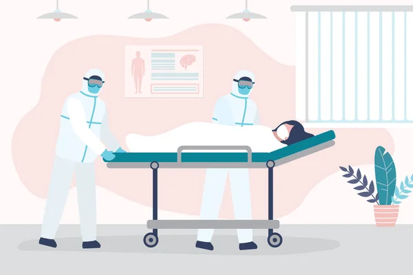 Les Médecins Uniforme Protection Roulent Une Civière Avec Une Femme — Image vectorielle
