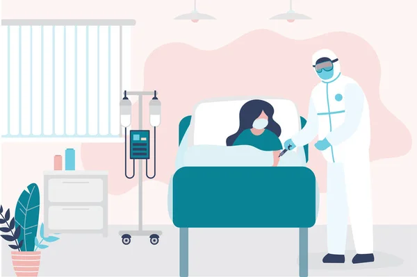 病気の女性は病院のベッドに寝ている 病院の部屋だ 医療スタッフと感染患者 医療と援助 医療用ウイルスの隔離 トレンドベクトルイラスト — ストックベクタ