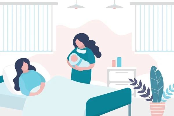 Kráska Žena Leží Posteli Porodu Zdravotní Sestra Držet Novorozence Pokoj — Stockový vektor