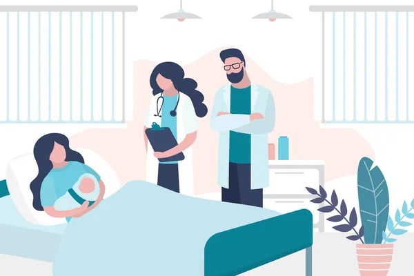 Güzel kadın yatağa uzanıyor ve yeni doğmuş bebeği kucağına alıyor. Hasta, doktor ve hemşire. Perinatal merkezde yer var. Tıbbi muayene ve konsültasyon. Sağlık hizmeti, annelik kavramı. Moda vektör illüstrasyonu