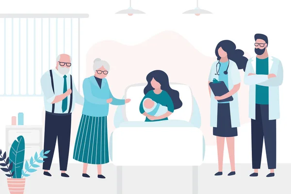 Beauty Woman Lies Bed Hold Newborn Baby Patient Grandparents Doctors — Stock Vector