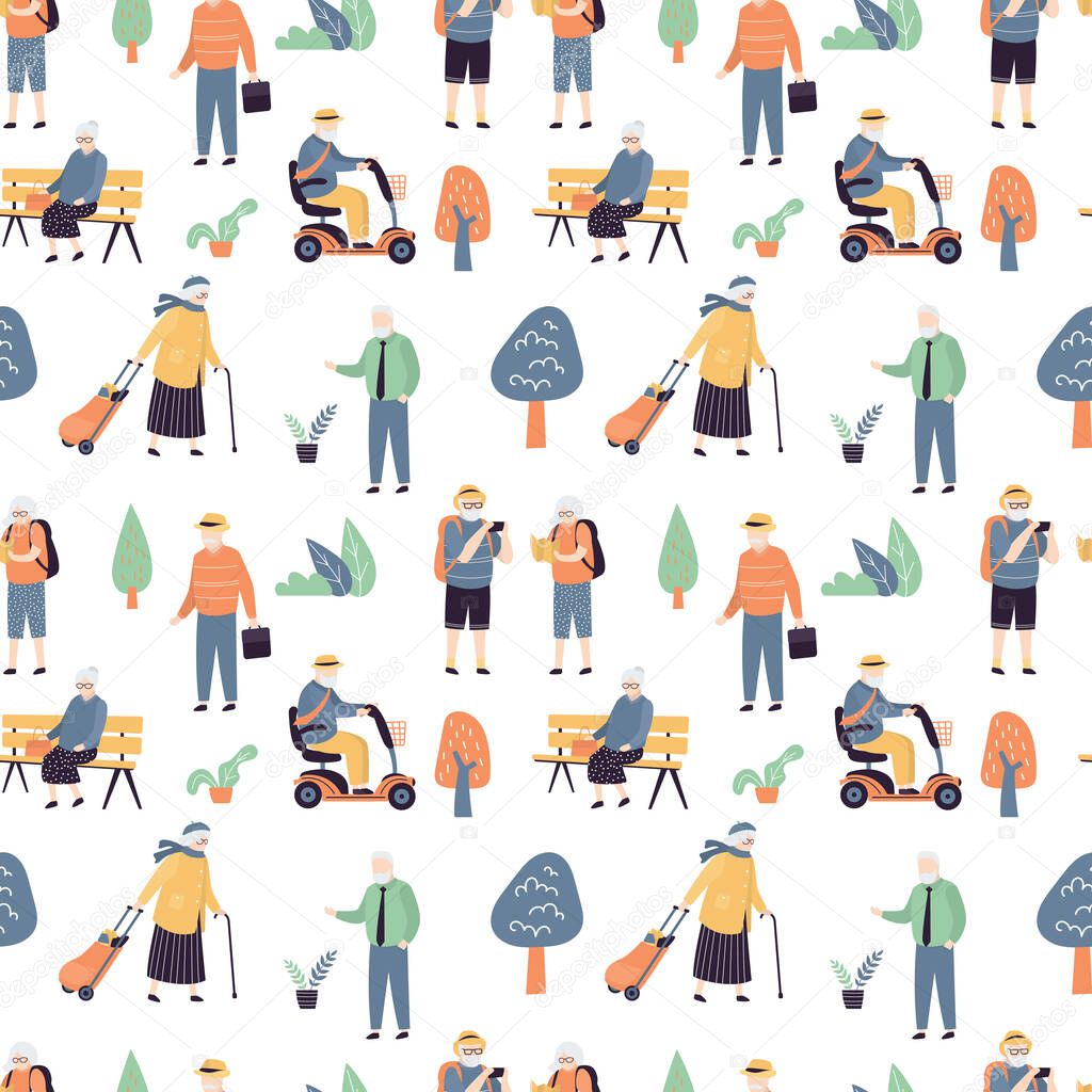 Seamless pattern with cool and fashion elderly people. Various old persons on white background. Texture with funny doodle grandfathers and grandmothers characters. Trendy style vector illustration