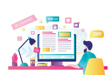 Masaüstü bilgisayarında blog yazılıyor. Çevrimiçi haberler, bloglar ve web siteleri için içerik geliştirme, metin yazarlığı kavramı. Modern işyerindeki blog yazarı ya da metin yazarı. Düz tasarım vektör çizimi