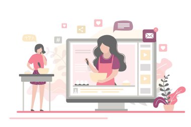 Ekranda video blogu pişiriliyor. Yemek blogcusu nasıl yemek yapılacağını söyler. Kadın şef yeni yemek tarifi öğretiyor. Kadın takipçi çalışmaları yemek hazırlıyor. Video dersi için. Düz Vektör illüstrasyonu