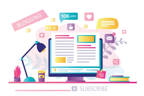 Masaüstü bilgisayarında blog yazılıyor. Çevrimiçi haberler, bloglar ve web siteleri için içerik geliştirme, metin yazarlığı kavramı. Modern işyeri. Web sitesi. Düz tasarım vektör çizimi.