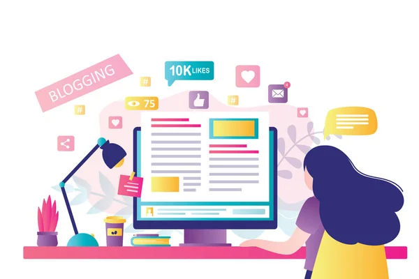 Masaüstü bilgisayarında blog yazılıyor. Çevrimiçi haberler, bloglar ve web siteleri için içerik geliştirme, metin yazarlığı kavramı. Modern işyerindeki kadın blogcu ya da metin yazarı. Düz tasarım vektör çizimi