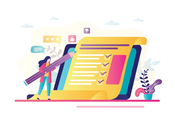 Çevrimiçi araştırma konsepti afişi. Güzel bayan cevap vermek için büyük bir kalem kullanır. Laptop ekranında anket. Teknoloji internet bilgi yarışması ya da anket. Kontrol listesi şablonu. Moda vektör illüstrasyonu