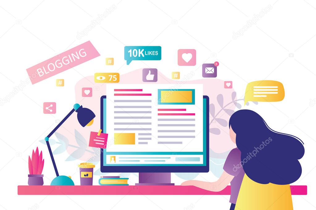 Blogging on desktop computer. Content development for online news, blogs and website, copywriting concept. Woman blogger or copywriter on modern workplace. Flat design vector illustration