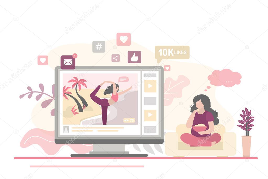 Vlog about healthy and sport lifestyle. Girl blogger standing in yoga pose. Fat overweight woman eating and watches fitness instructor blog. Woman fitness teacher on monitor screen. Vector illustration