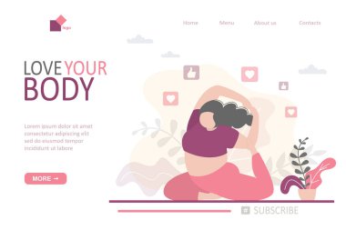 İniş sayfası şablonuna bayıldım. Yoga pozunda oturan tombul bir kadın. Vücut pozitifliği, sağlıklı ve spor yaşam tarzı. Şişman kadın karakter hatha yoga asana yapıyor. Vektör illüstrasyonu
