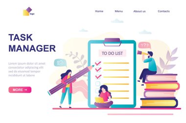 Görev yöneticisi iniş sayfası şablonu. Zaman yönetimi, iş planlaması ve kontrol programı. Liste planlayıcısı ve grup iş adamları. Ofis günü, proje ve takım çalışması. Vektör illüstrasyonu