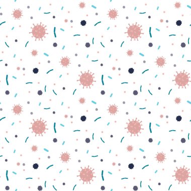 Koronavirüs ve bakteri ile kusursuz bir desen. Viral enfeksiyon dokusu. Elementlere neden olan mikrobiyoloji hastalığı. Moda vektör illüstrasyonu