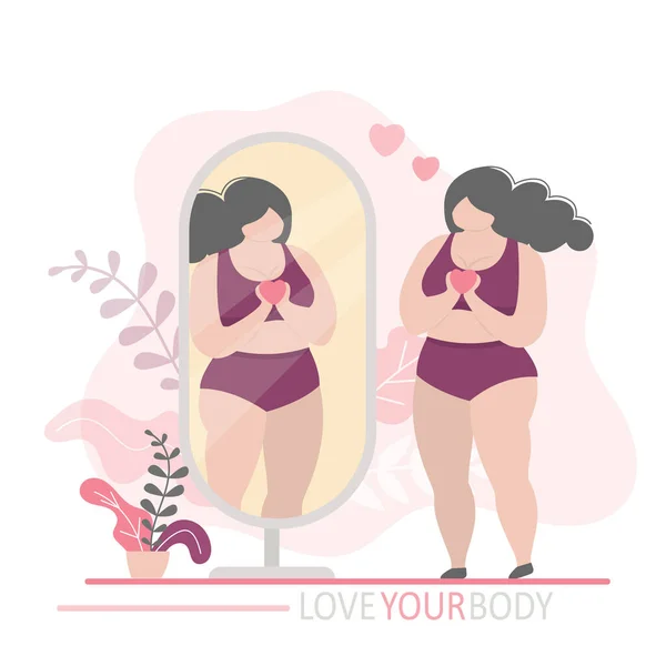 Love Your Body Positive Fat Woman Looking Mirror Happy Overweight — Stock Vector