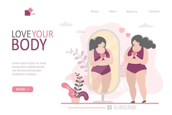 Adoro Sua Landing Page Corporal Mulher Gorda Positiva Olhar Espelho — Vetor de Stock