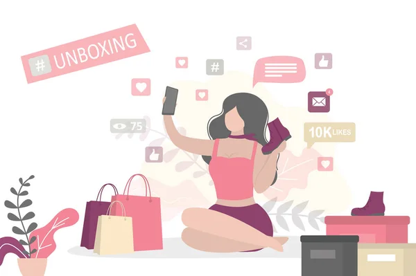 Vrouwelijke Blogger Maakt Unboxing Voor Schoeisel Opname Video Voor Haar — Stockvector