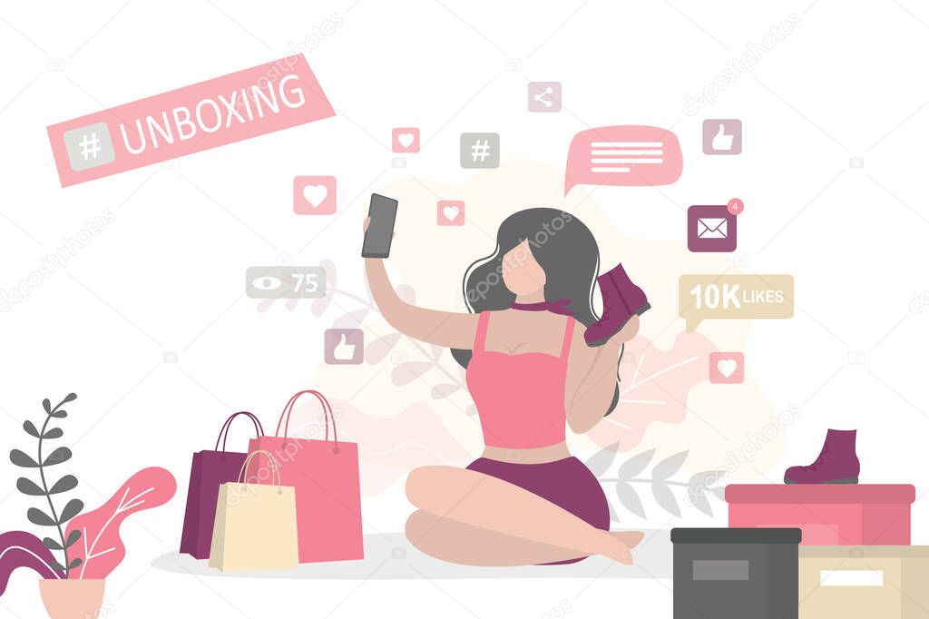 Female blogger making unboxing for footwear and recording video for her blog. Young woman talking about style garment on vlog channel. Pretty Girl holding fashion boots. Flat vector illustration