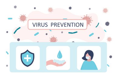 Virüs önleme konsepti pankartı. Güvenlik kalkanlı kartlar, koruyucu maske takmak ve ellerini sabunla yıkamak. Sağlık hizmeti konsepti. Küresel salgın ya da salgın. Moda vektör illüstrasyonu