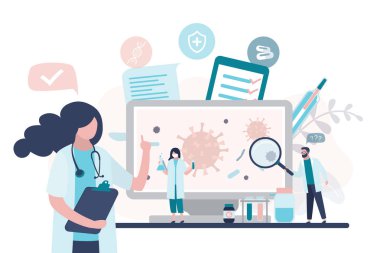 Virologlar yeni bir virüs araştırıyor, antivirüs ve ilaç arıyorlar. Üniformalı ve koruyucu maskeli bir grup bilim adamı. Modern virüs laboratuvarı. Aşı arama konsepti. Moda biçim vektör illüstrasyonu