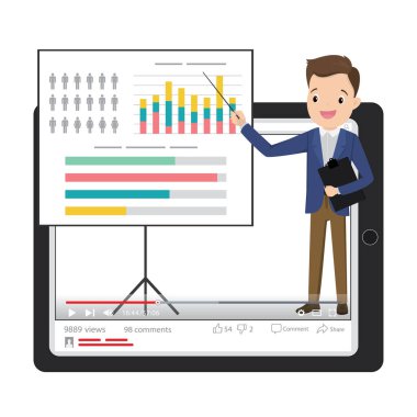 Etkileyici beyaz iş adamı tableti. Webinar eğitiminden öğreniyor. Beyaz arka planda izole edilmiş. Düz vektör illüstrasyonu.