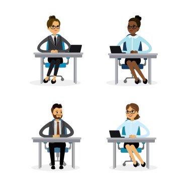 İş yerindeki iş adamları, iş adamları ve iş kadınları, düz vektör illüstrasyonu