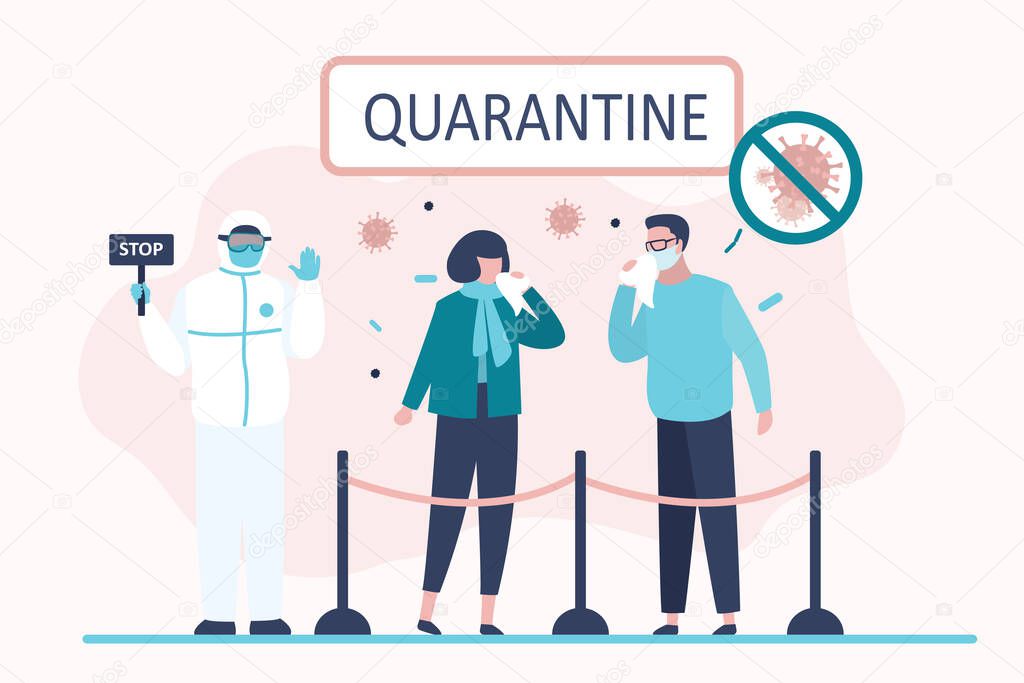 Viral quarantine concept. Sick masked people. Characters sneeze and cough. Virus covid-19. Doctor in special protective uniform holding board with text -stop. Disease and Epidemic Spread. Vector