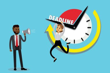 Son teslim tarihi, Afrikalı Amerikalı erkek patron megafona bağırıyor ve saat okunda asılı duran üzgün beyaz kadın ofis çalışanı düz vektör çizimi