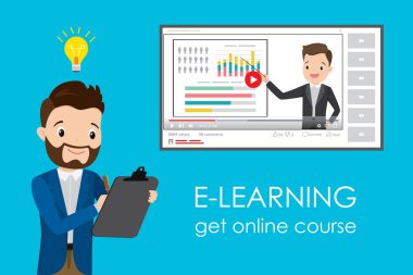 Çevrimiçi Eğitim Kursu E-öğrenme. Webinar eğitiminden öğreniyorum. İşadamı özel hocası veya koçu. Düz vektör çizimi