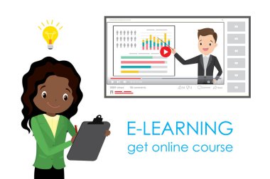 Çevrimiçi Eğitim Kursu E-öğrenme. Webinar eğitiminden öğreniyorum. Ekrandaki iş adamı özel hocası veya koçu ve Afrikalı Amerikalı kız öğrenci. Düz vektör çizimi