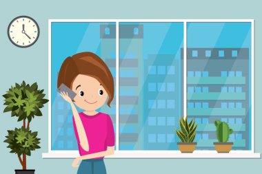 Pencere kenarında duran akıllı telefondan konuşan mutlu Avrupalı kadın, düz vektör çizimi