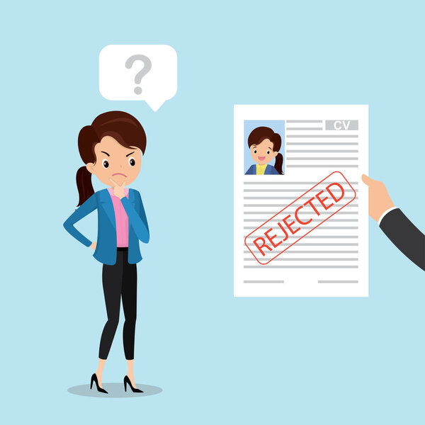 Sad caucasian female,hand holding cv resume paper with red stamp- rejected,failed job search concept,aggrieved office worker or business woman,flat vector illustration