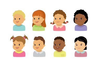 Kafkas ve Afrikalı Amerikalı erkek ve kız yüzleri, farklı güzellik karakterleri, aydınlık arka planda izole edilmiş, vektör illüstrasyonu