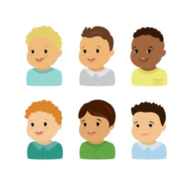 Kafkasyalı ve Afro-Amerikalı çocukların yüzleri, farklı güzellik erkek karakterleri, izole edilmiş ışık arka plan, vektör illüstrasyon