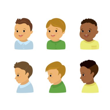 Erkek yüzleri, ön ve profil görünümleri, arka planda izole edilmiş, düz vektör illüstrasyonu