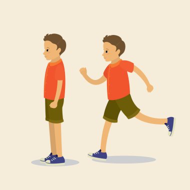 Yakışıklı çocuk ayakta ve aktif, profil görüşlü, izole edilmiş, düz vektör çizimi