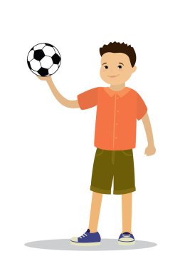 Futbol topuyla mutlu, beyaz arka planda izole çocuk karakteri, düz vektör çizimi.