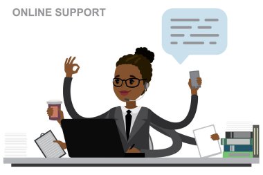 Çevrimiçi müşteri hizmetleri kavramı, Afro-Amerikan çoklu görev yapan kadın modern ofiste bir masanın arkasında, çizgi film vektör çizimi