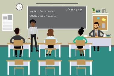 Öğrenciler ve öğretmenler sınıf içi, okul veya üniversite mobilyası ve eğitim süreci, düz vektör illüstrasyonu