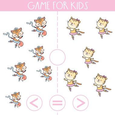 Çocuklar için oyun. Tilki ve kedi. Fazla, az ya da çok. Okul öncesi çocuklar için eğitim mantığı oyunu. El çizimi vektör illüstrasyonu