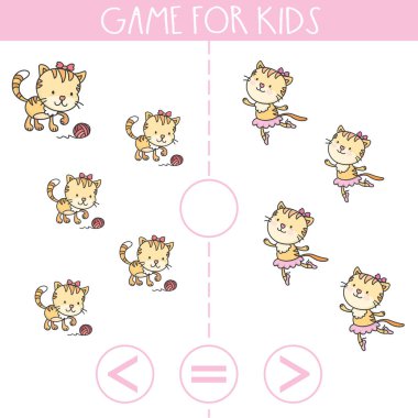 Çocuklar için oyun. Fazla, az ya da çok. Okul öncesi çocuklar için eğitim mantığı oyunu. El çizimi vektör illüstrasyonu