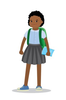 Sırt çantası ve kitabı olan mutlu çocuk okul kızı, beyaz arka planda izole edilmiş, düz vektör çizimi.
