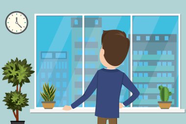 Pencerenin yanında duran işadamı veya ofis çalışanı, karakter gerisi görünümü, düz vektör illüstrasyonu