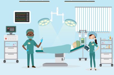 Afrika kökenli Amerikalı erkek cerrah ve kadın hemşire ameliyathanede, beyaz kadın ameliyat masasında yatıyor, mobilya ve tıbbi ekipmanlar, düz vektör çizimi